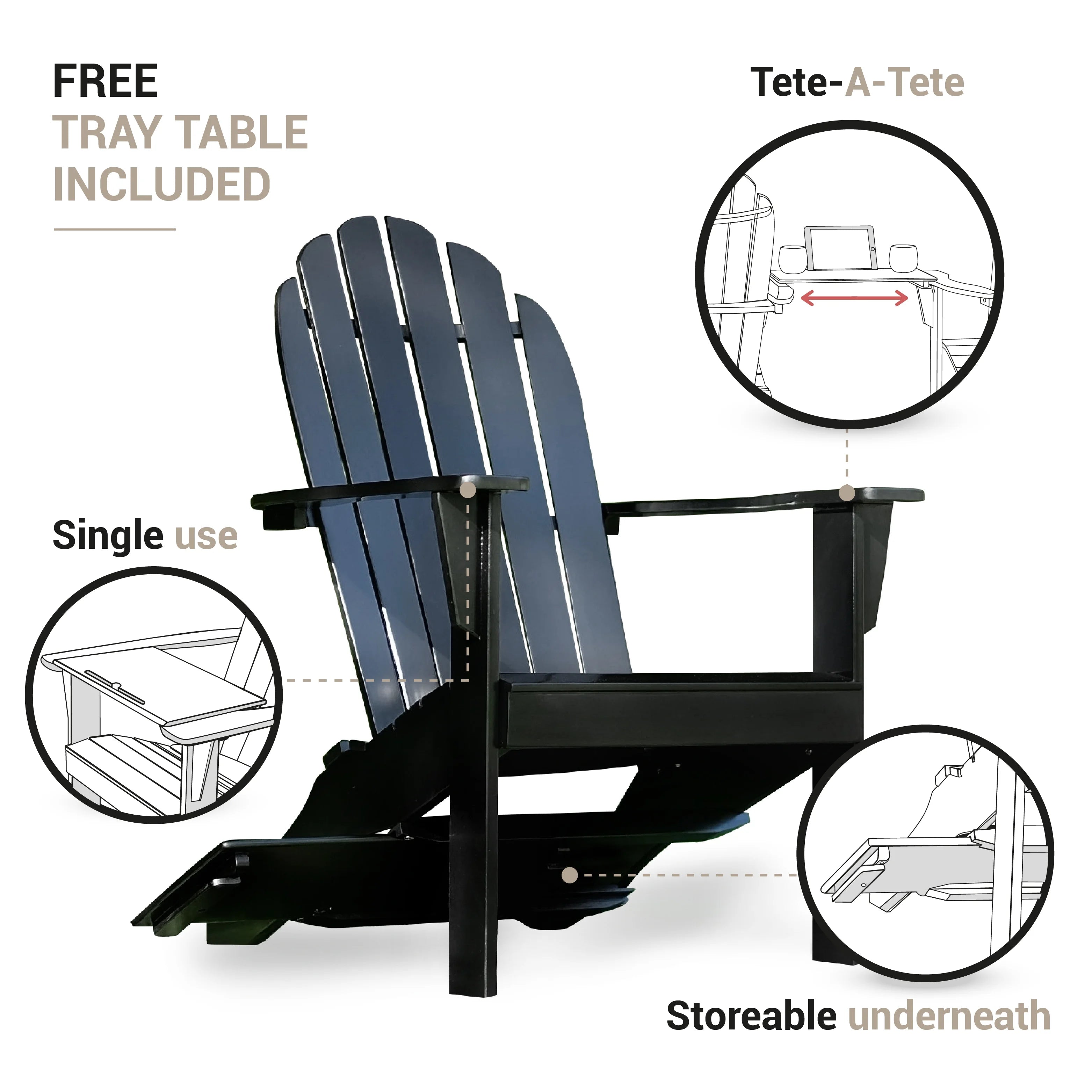 White Solid Wood Adirondack Chair with Tray Table A960