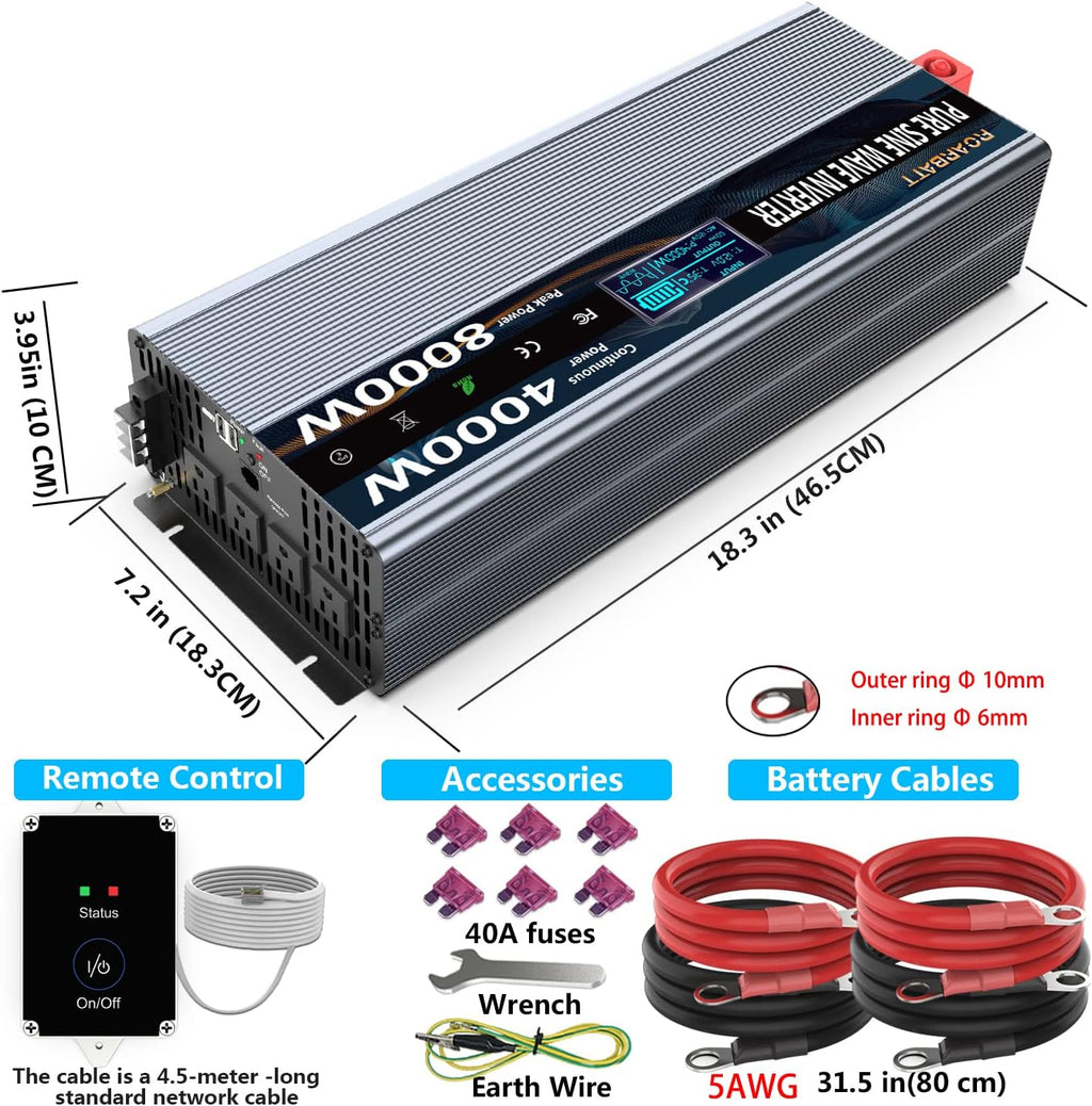 Pure Sine Wave Power Inverter 4000 Watt 12V DC to AC 110V 120V with Remote Control 4 AC Outlets and Dual USB Port M36650