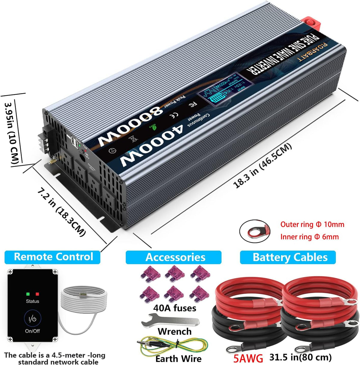 Pure Sine Wave Power Inverter 4000 Watt 12V DC to AC 110V 120V with Remote Control 4 AC Outlets and Dual USB Port M36650