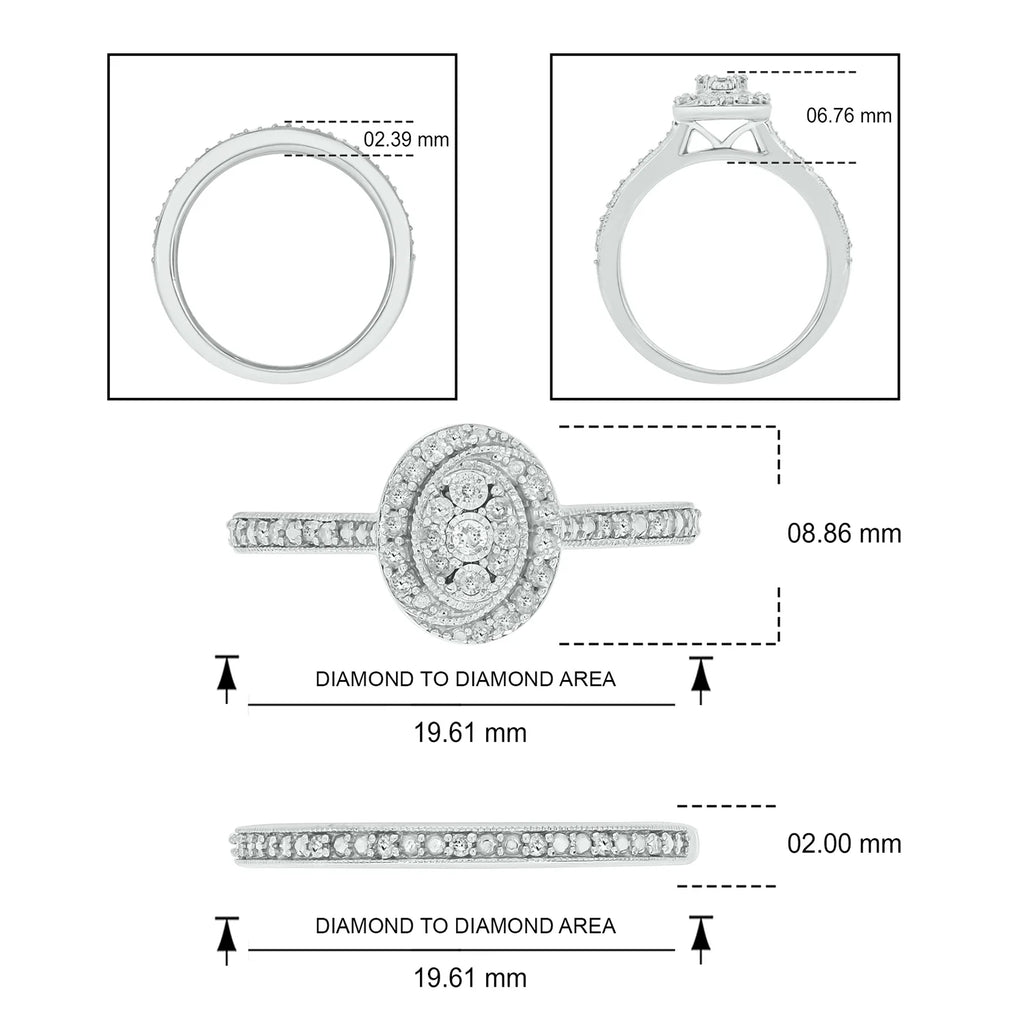 925 Sterling Silver Oval Diamond Engagement Ring and Wedding Band Set B239715
