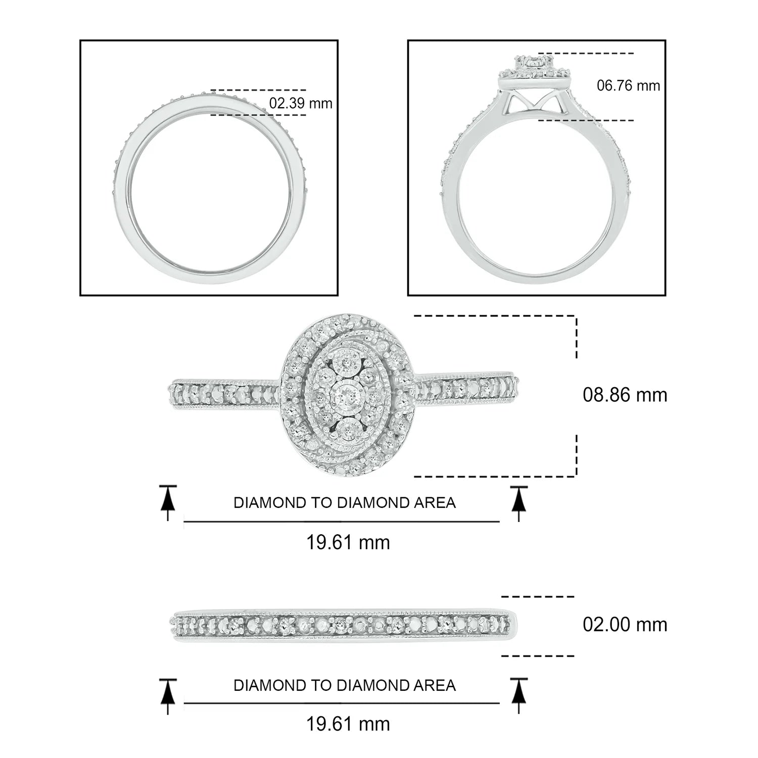 925 Sterling Silver Oval Diamond Engagement Ring and Wedding Band Set B239715