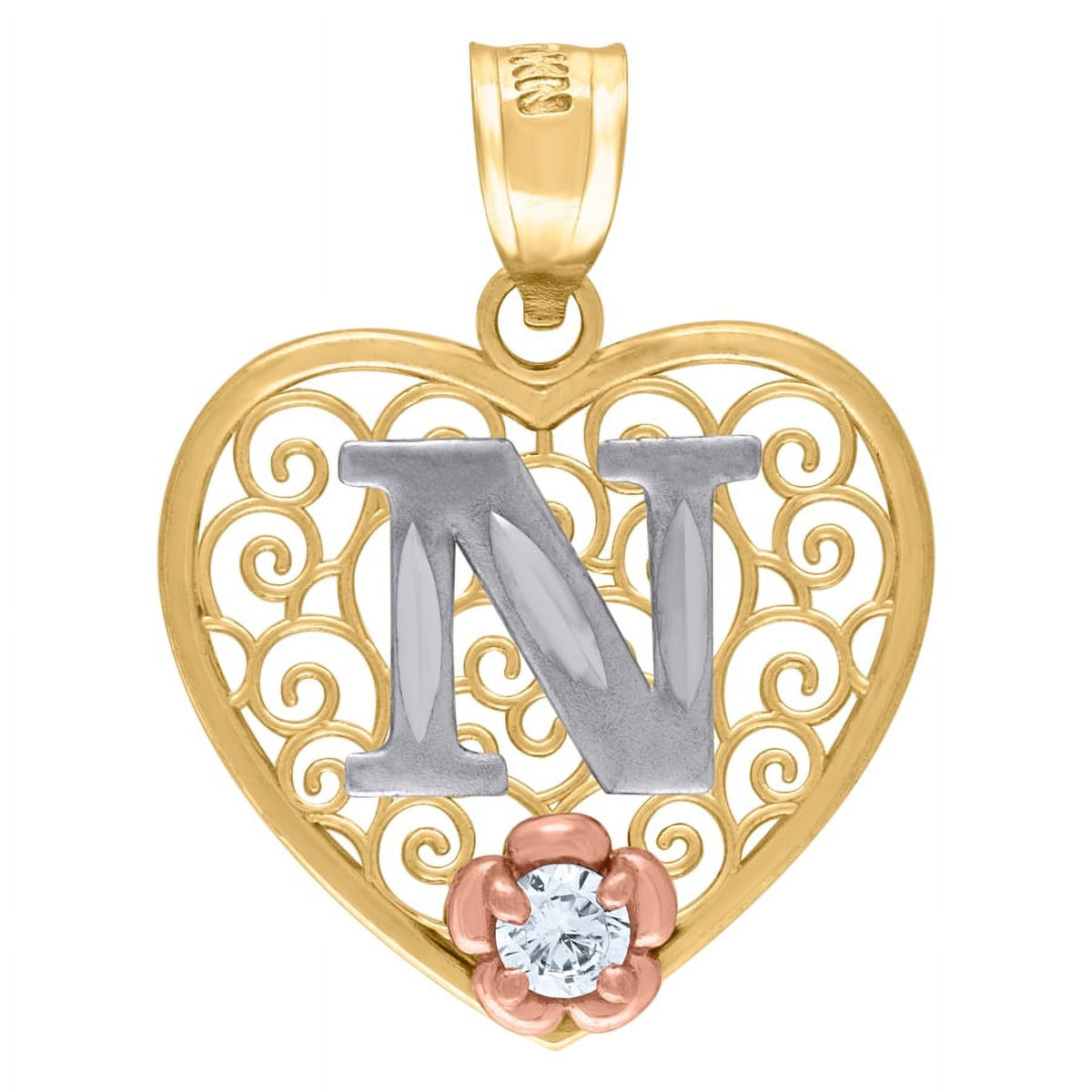 Tri color Gold Love Heart Letter N Charm Pendant Necklace D333280