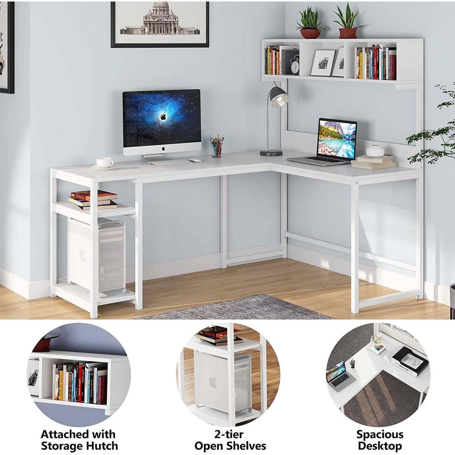 L Shaped Desk with Storage Hutch Shelf W1026