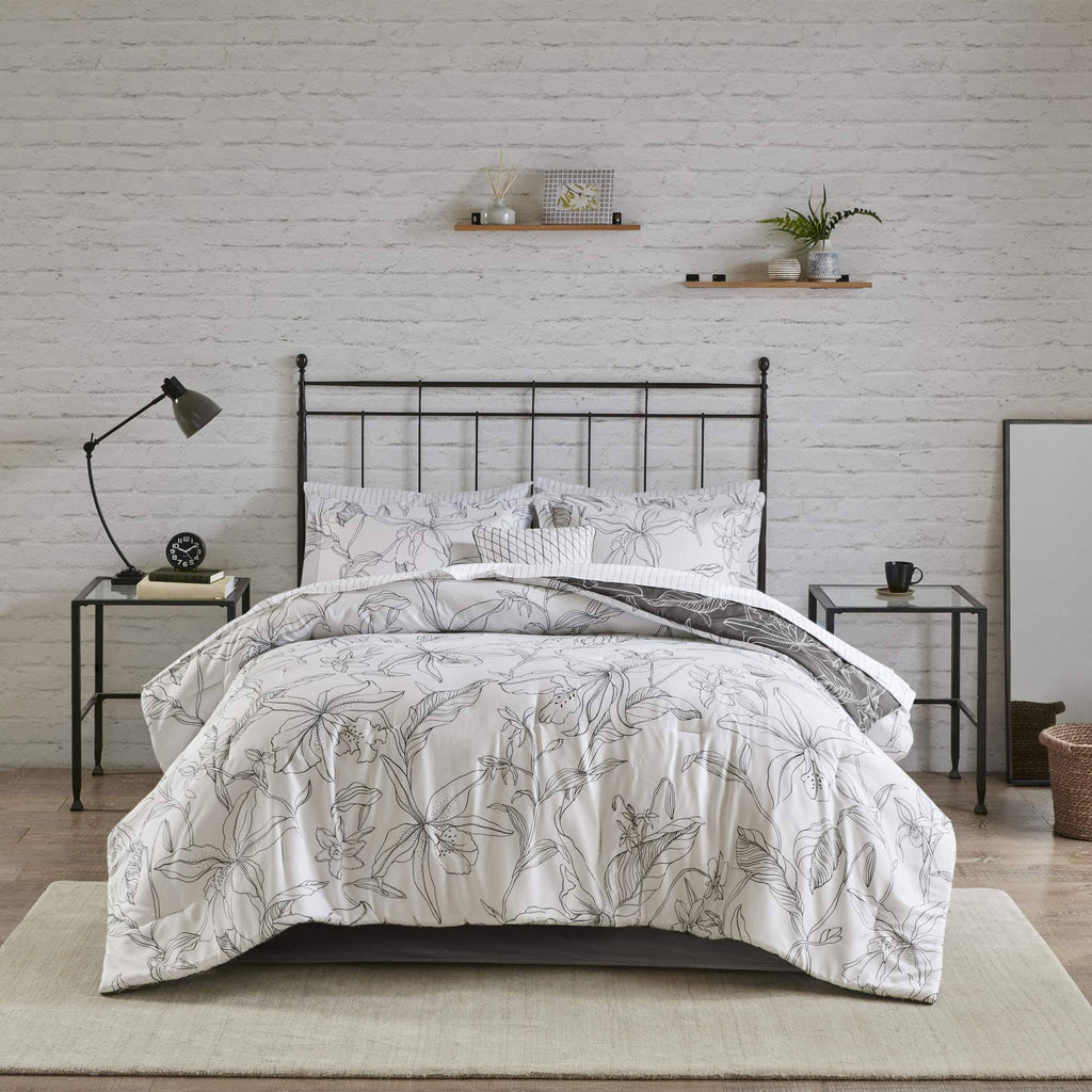 Full White/ Charcoal Reversible Complete Bedding Set with Cotton Sheet C2014
