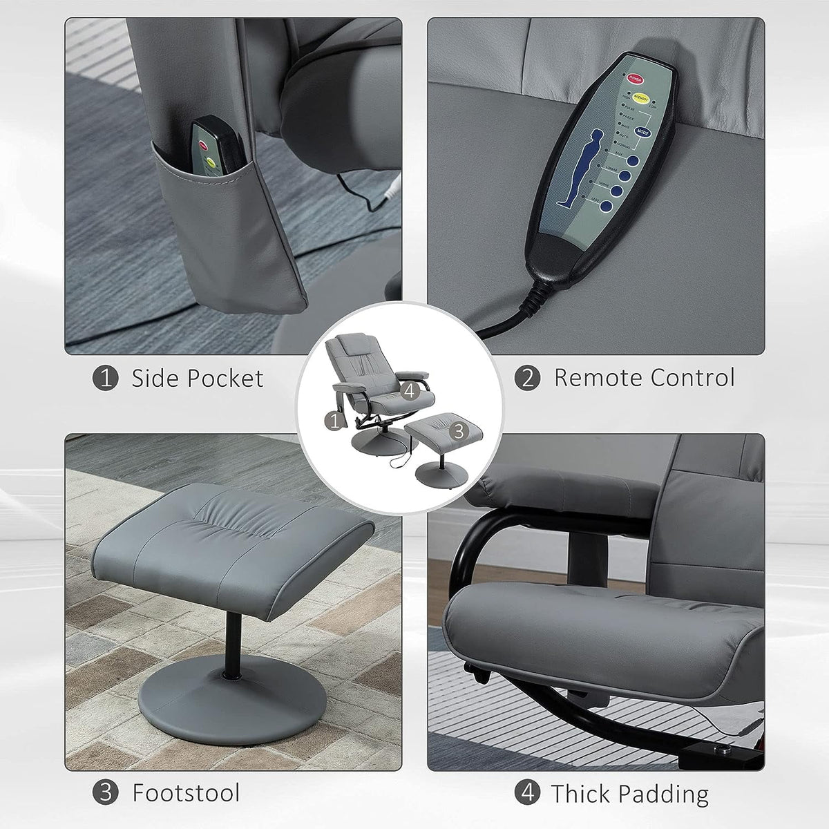 Gray Faux Leather Swivel Massage Recliner Chair and Ottoman Set J906911