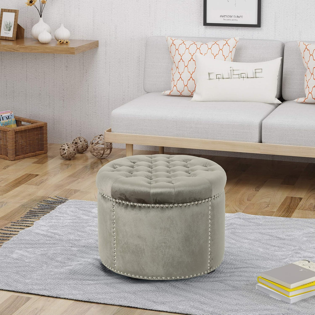 Grey Velvet Tufted Ottoman V9371