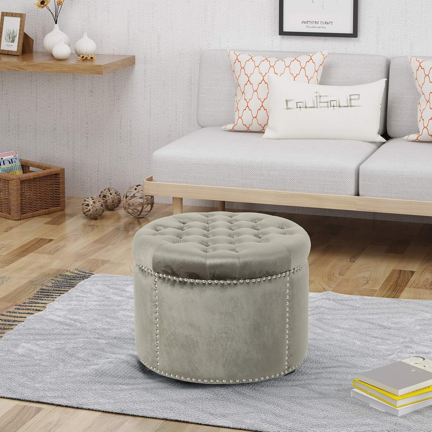 Grey Velvet Tufted Ottoman V9371
