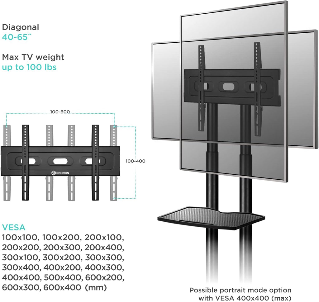 Mobile TV Stand Rolling TV Cart for 40 to 65 Inch LCD LED TV Screens with Wheels Shelves U43837