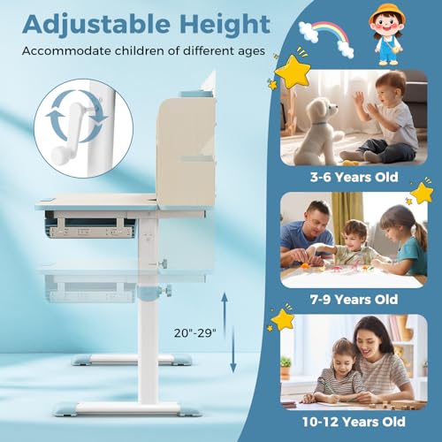 Pink Kids Desk with 7-Level Tiltable Desktop, Height Adjustable Table with Bookshelf, Pull-Out Drawer & Pen Holder I3834
