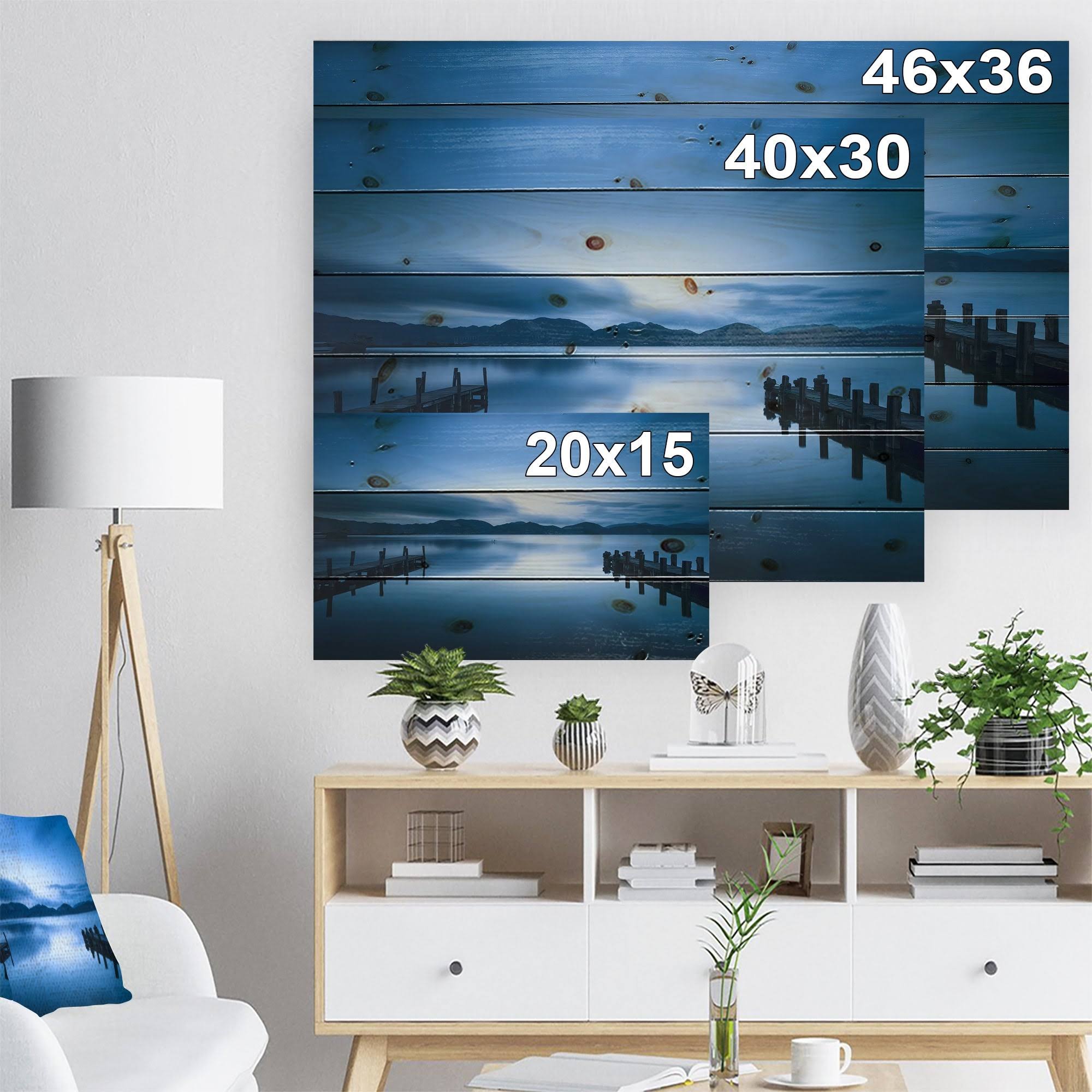Dark Blue Sea and Piers Seascape Print on Natural Pine Wood J215