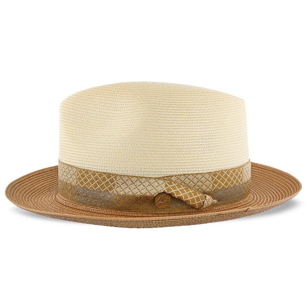 Ivory/Cognac Straw Fedora Hat P7410