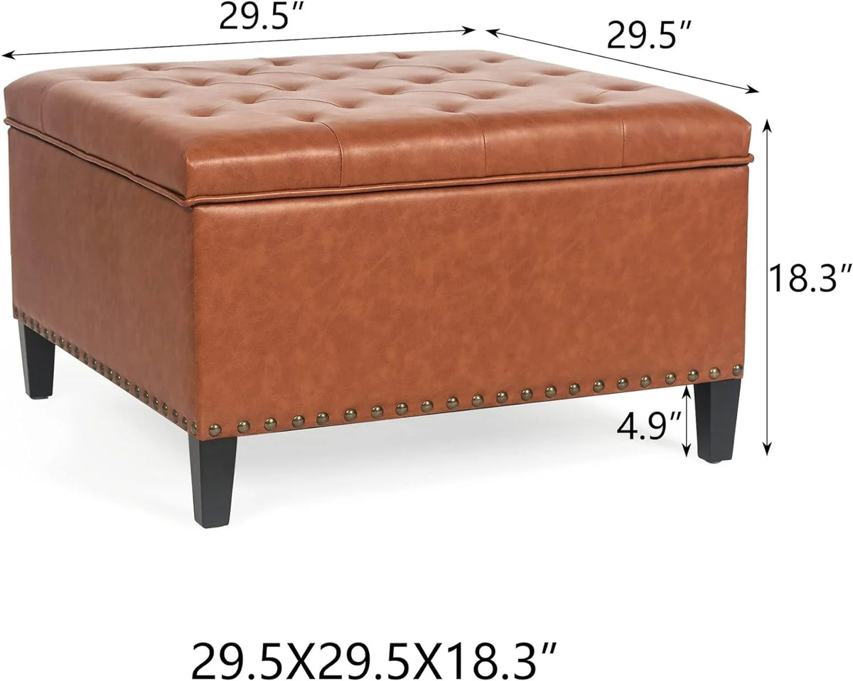 Camel Faux Leather Storage Ottoman Bench with Wood Legs V491423