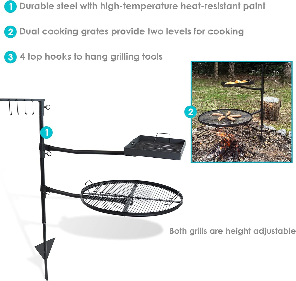 Dual Campfire Steel Cooking Grill Grate Swivel System with Stand G878