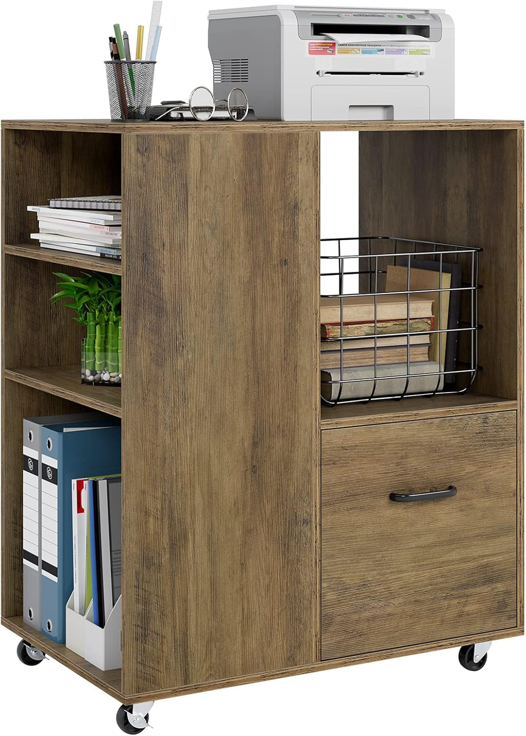 White Wood Mobile File Cabinet with Drawer and Rolling Wheels U866