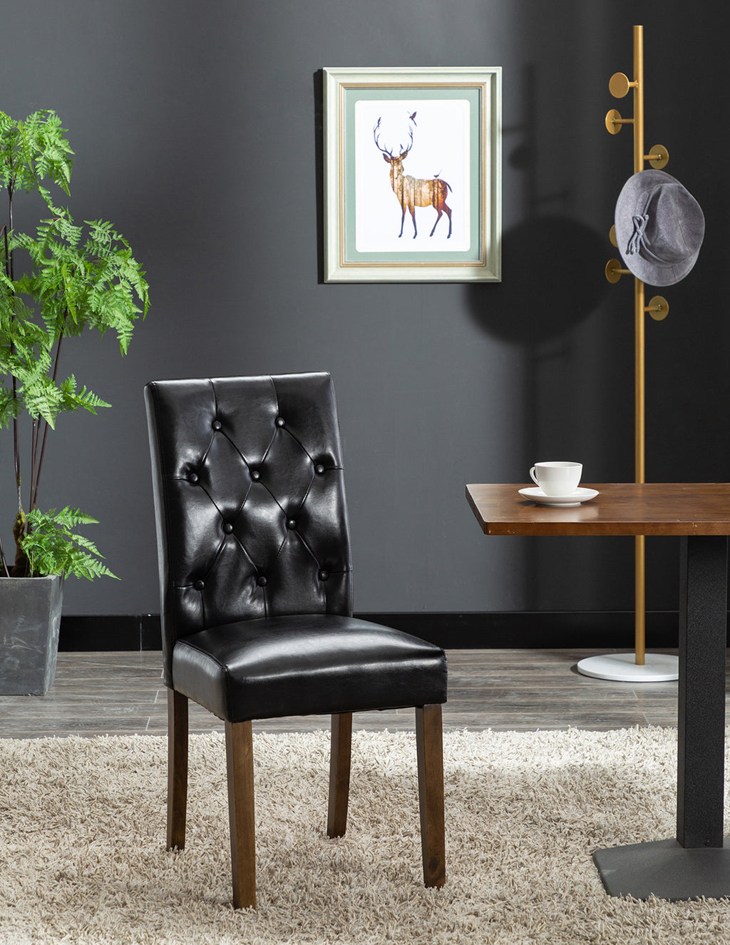 Set Of 2 Dining Chairs With Tall Backs, Button Tufted PU Leather Upholstery And Rubberwood Legs P69976