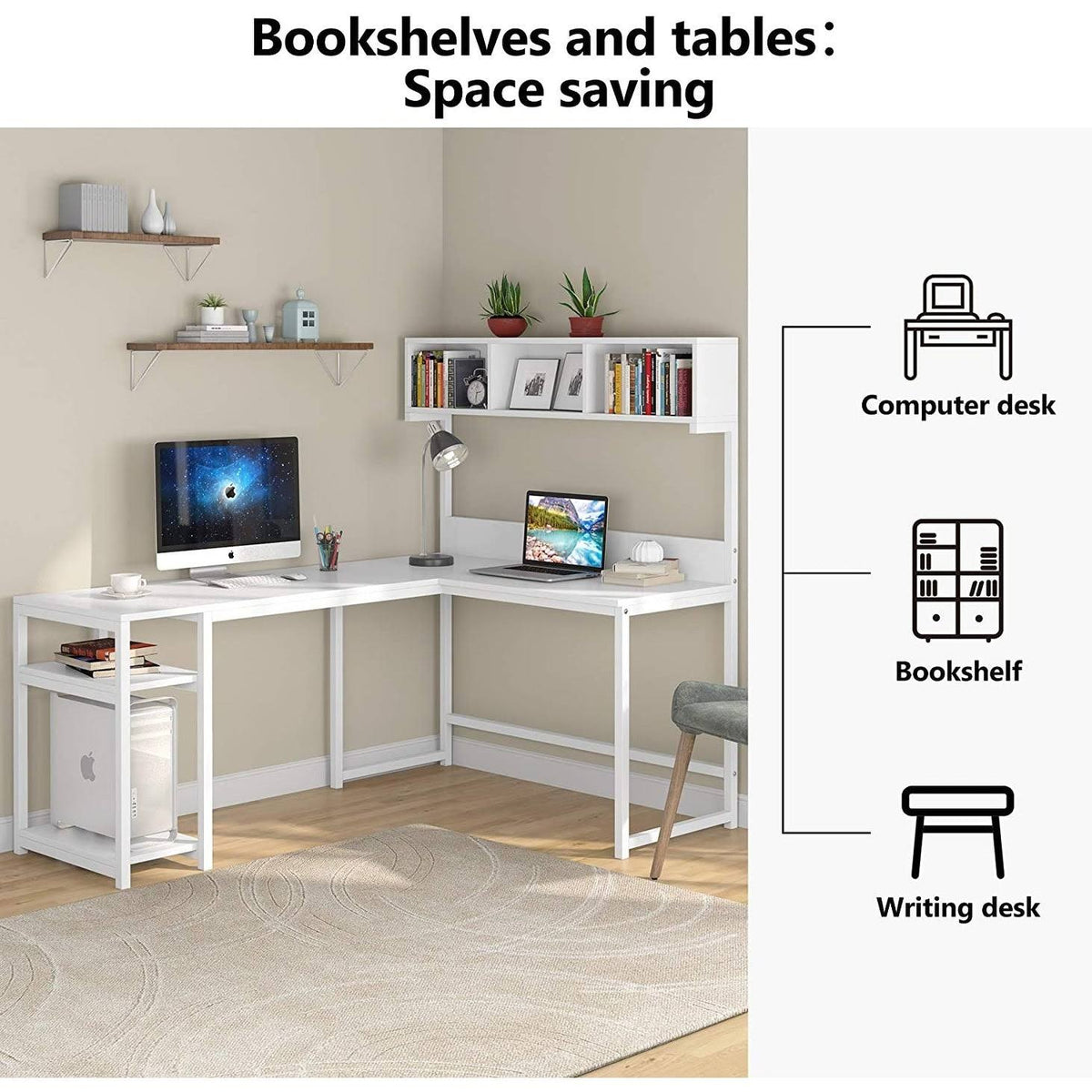 L Shaped Desk with Storage Hutch Shelf W1026