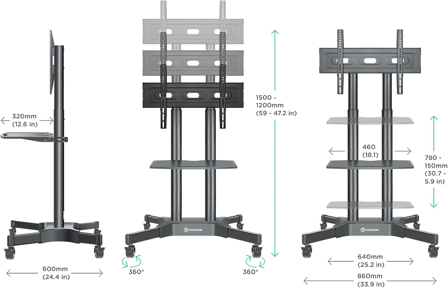 Mobile TV Stand Rolling TV Cart for 40 to 65 Inch LCD LED TV Screens with Wheels Shelves U43837