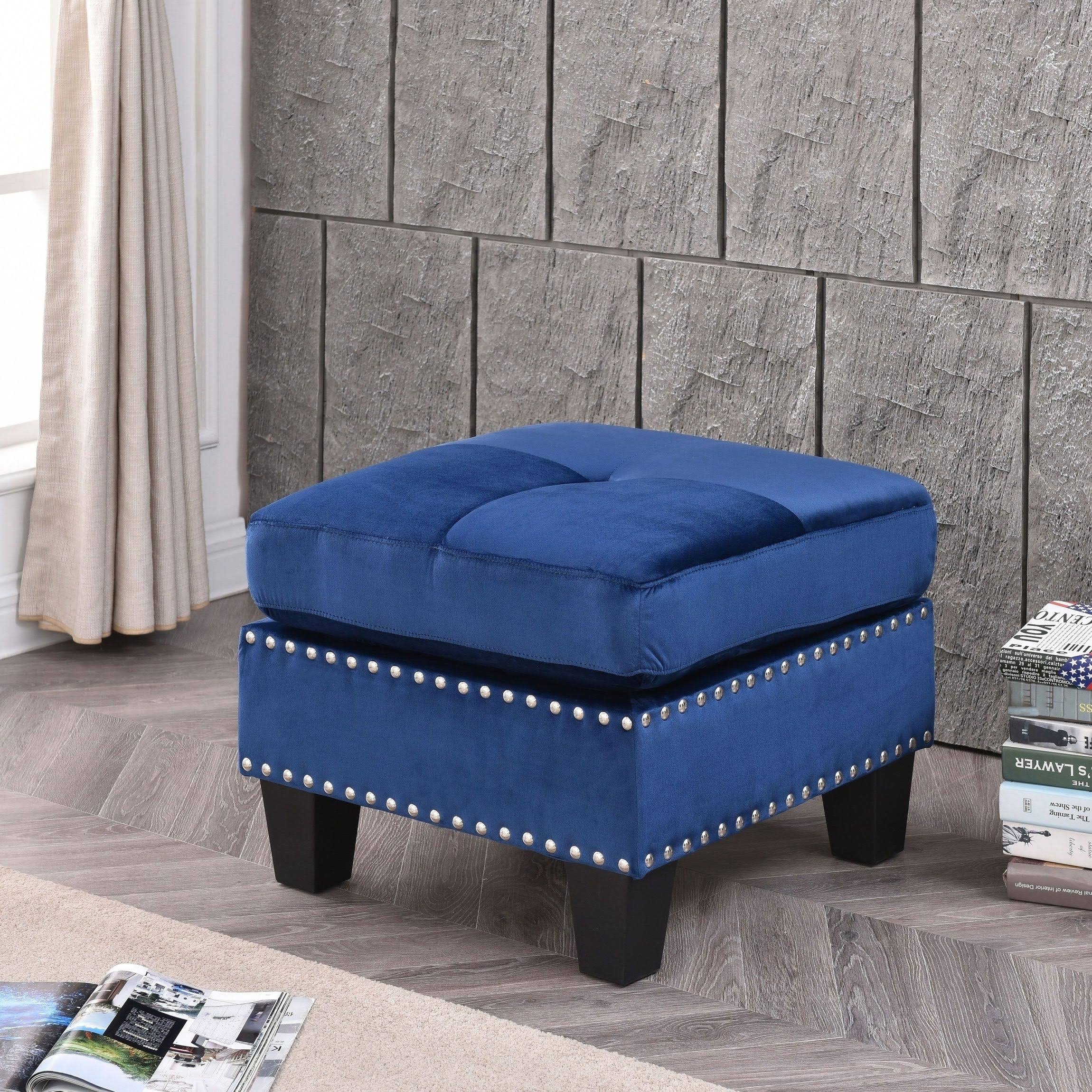 Navy Blue Tufted Velvet Ottoman I4643