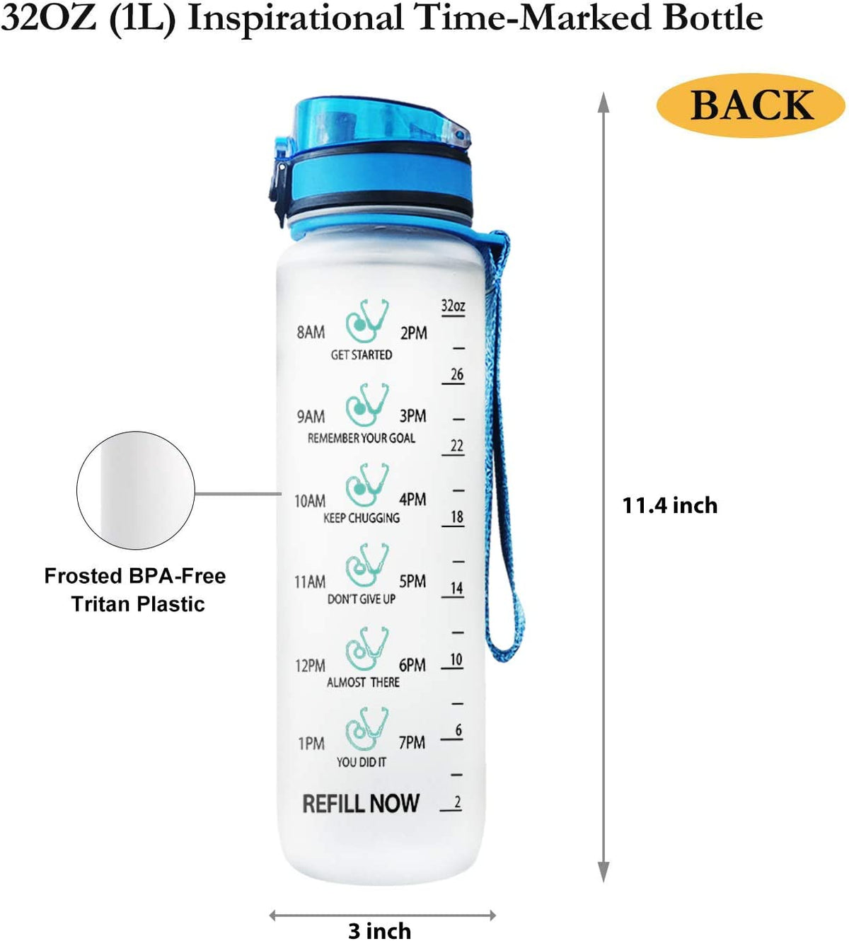 32oz Motivational Fitness Sports Water Bottle with Time Marker & Removable Strainer S2054