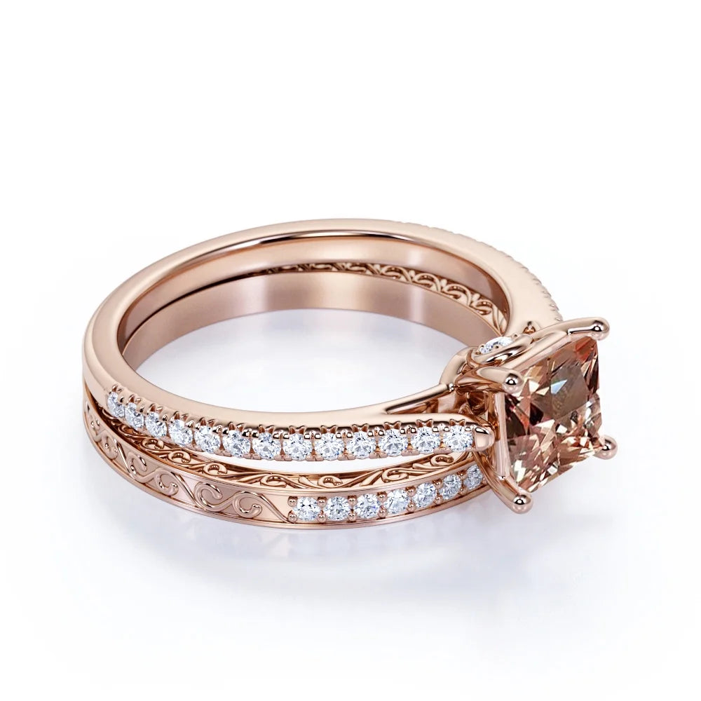 Princess Cut Pink Champagne Morganite Vintage Wedding Ring Set in 10K Rose Gold U226