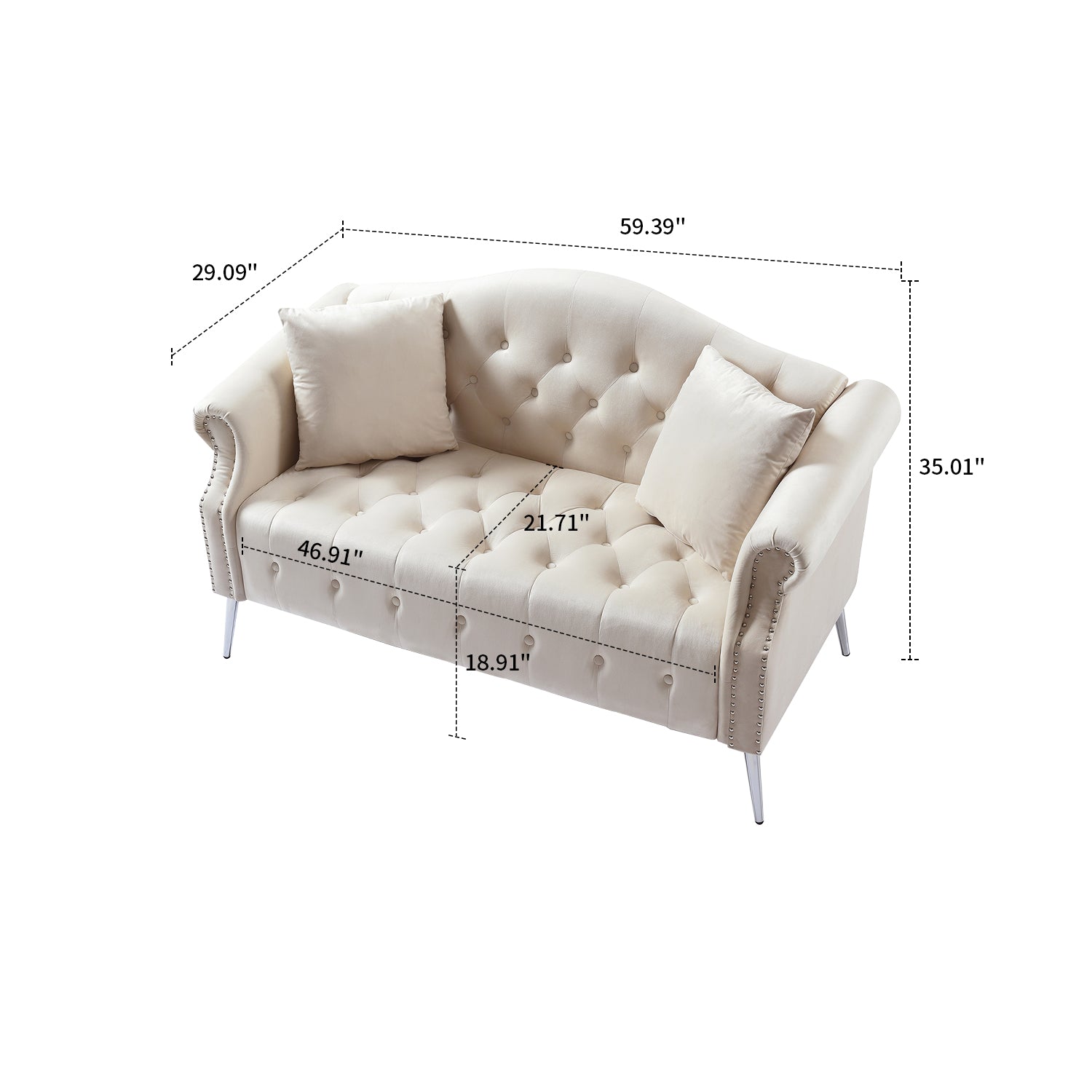 Beige Velvet Button Tufted Loveseat Sofa with Roll Armrest and Metal Legs O824