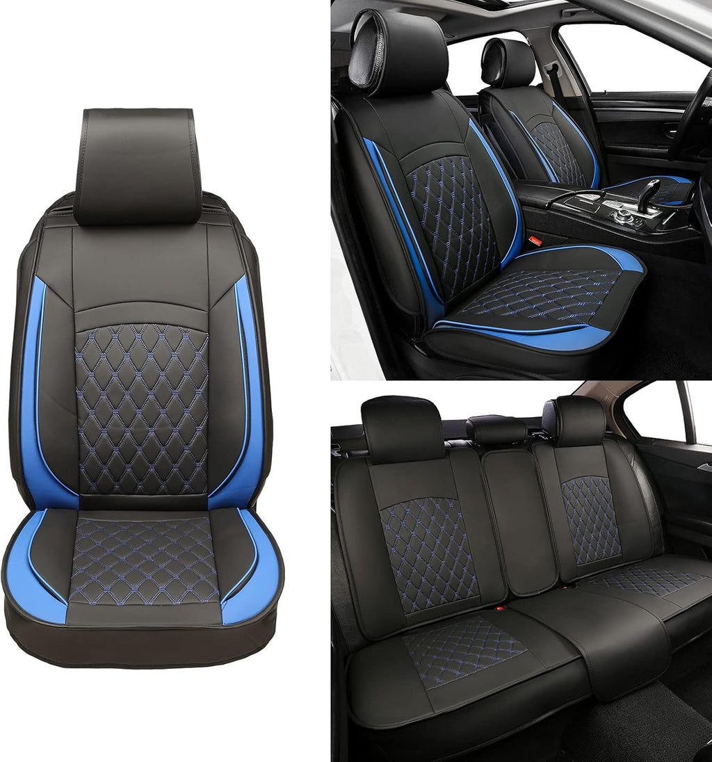 5 Car Seat Covers Black and Blue Leather Full Seat with 2 Car Backseat Storage Waterproof F71152