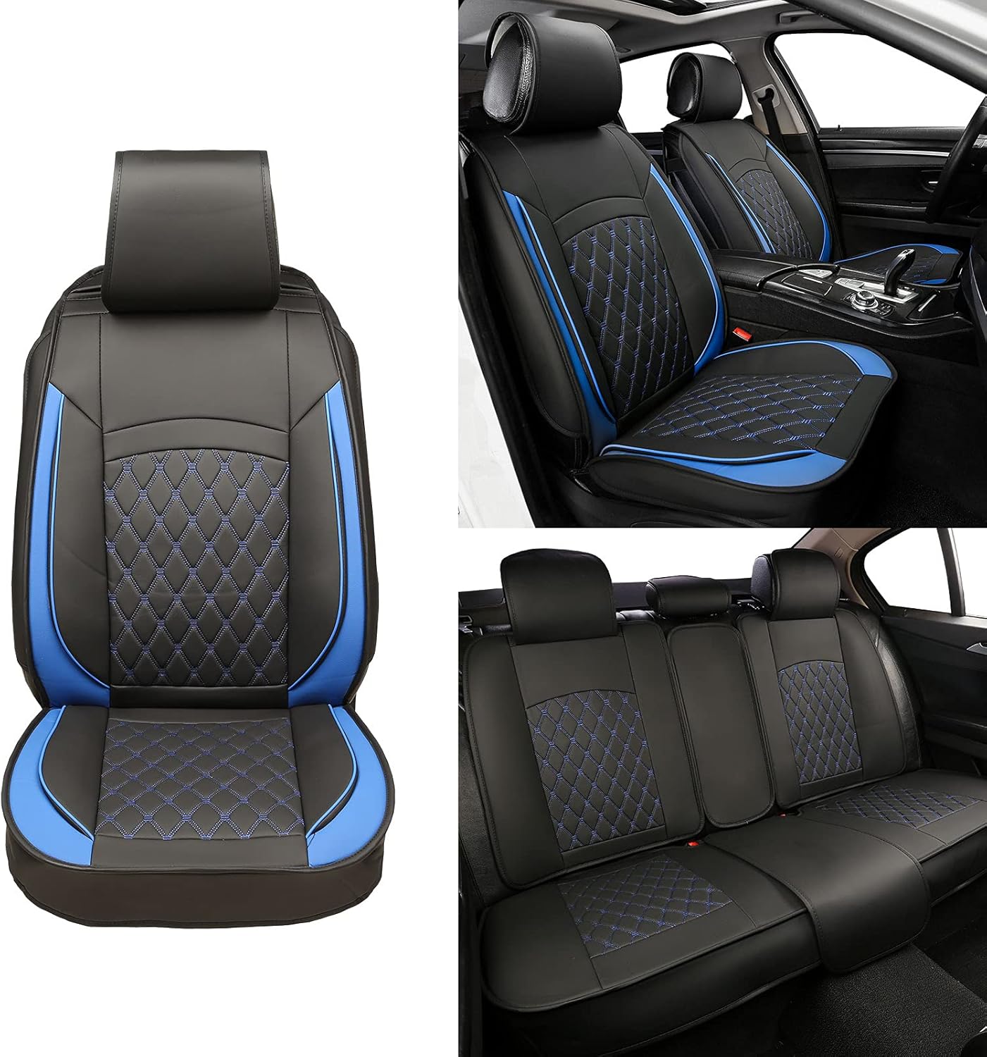 5 Car Seat Covers Black and Blue Leather Full Seat with 2 Car Backseat Storage Waterproof F71152