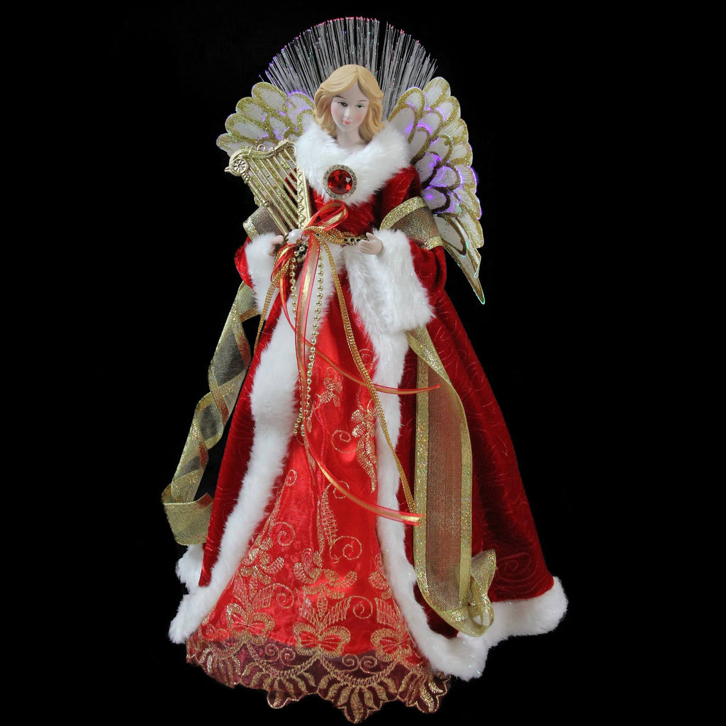 16x22 Lighted Fiber Optic Angel in Garnet Red Coat with Harp Christmas Tree Topper S100438