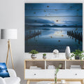 Dark Blue Sea and Piers Seascape Print on Natural Pine Wood J215