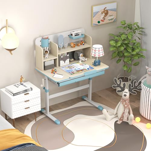Pink Kids Desk with 7-Level Tiltable Desktop, Height Adjustable Table with Bookshelf, Pull-Out Drawer & Pen Holder I3834