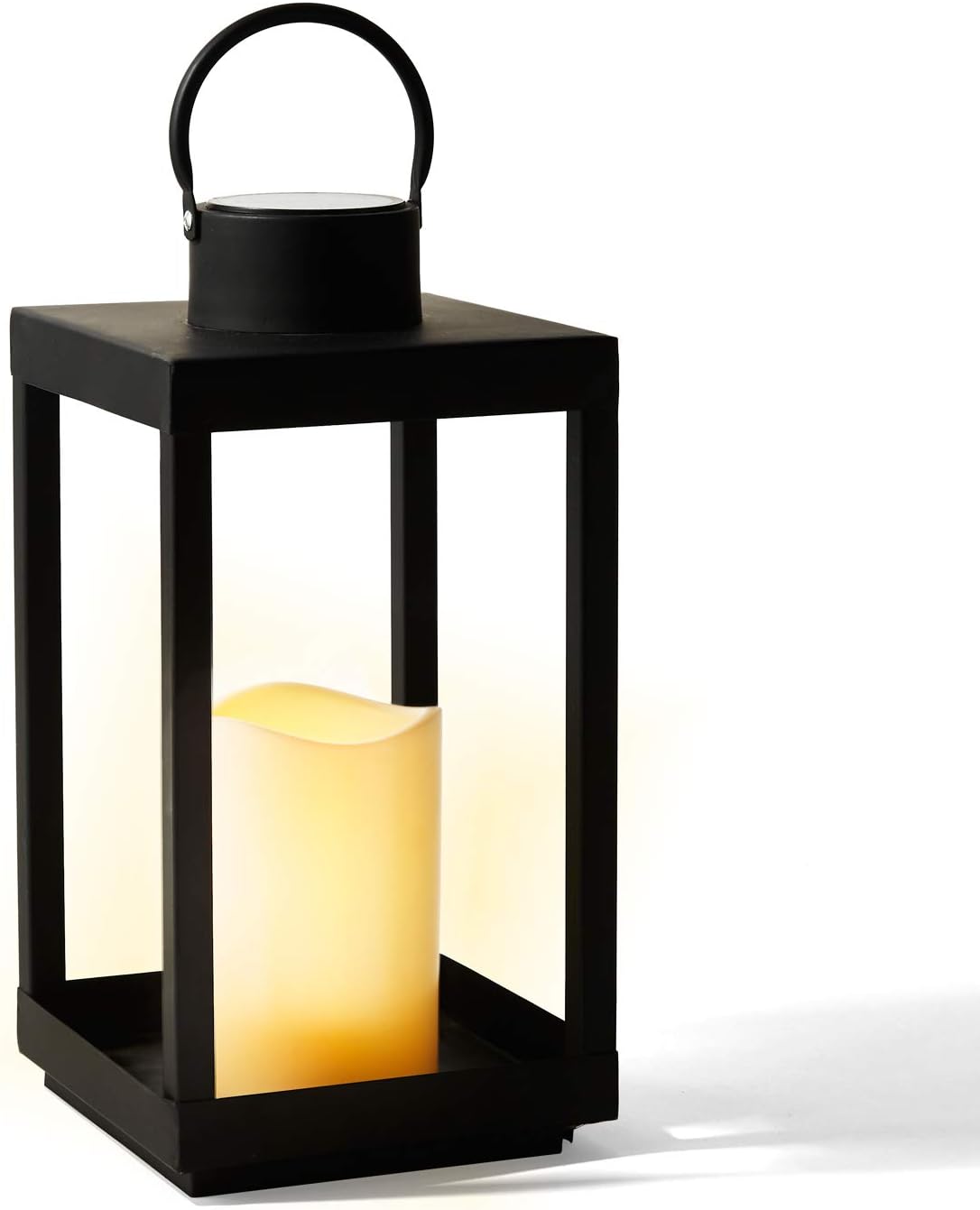 Large Outdoor Lantern with Solar Candle, 18 Inch Tall, Matte Black Metal Frame M3187