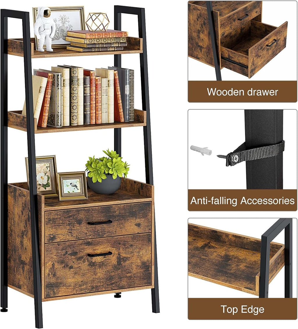 Rustic Brown 3 Tier Ladder Shelf with 2 Drawers T6597