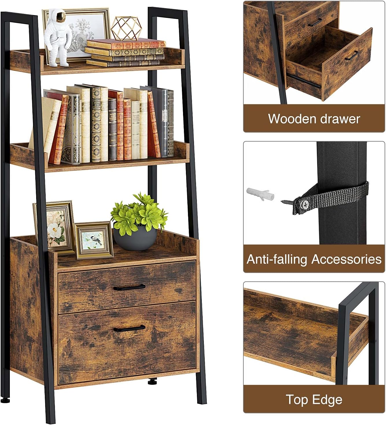 Rustic Brown 3 Tier Ladder Shelf with 2 Drawers T6597