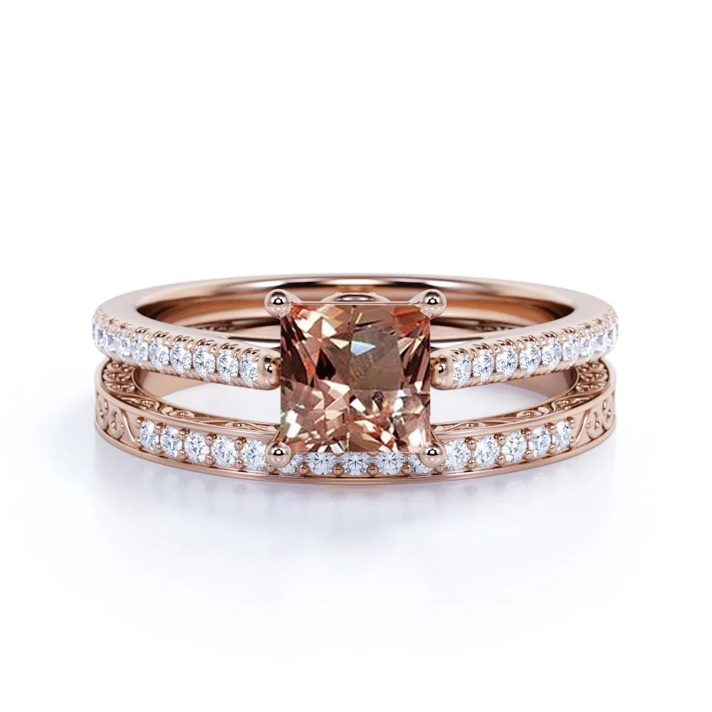 Princess Cut Pink Champagne Morganite Vintage Wedding Ring Set in 10K Rose Gold U226
