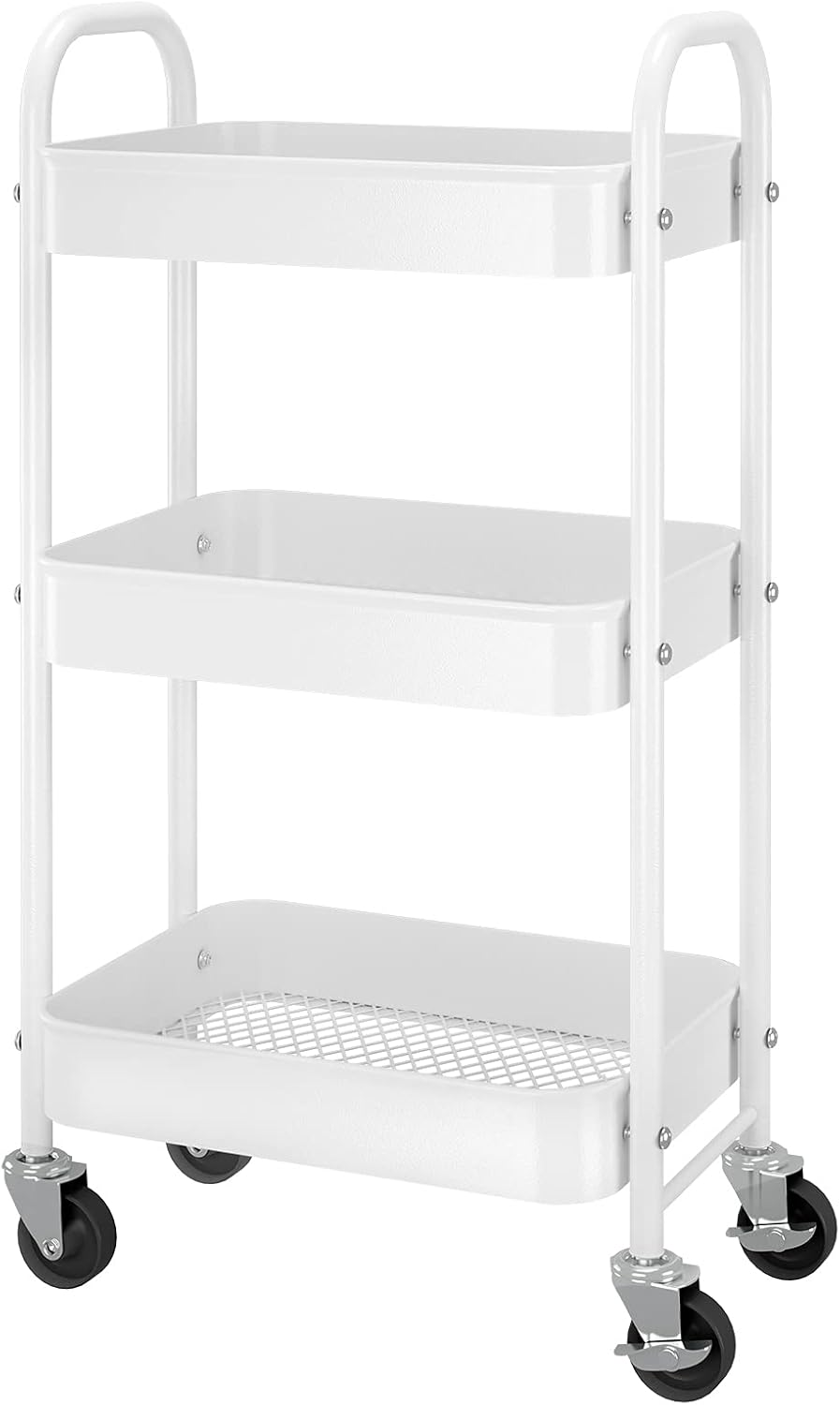 White 3-Tier Metal Rolling Storage Cart with Plastic Basket H3428