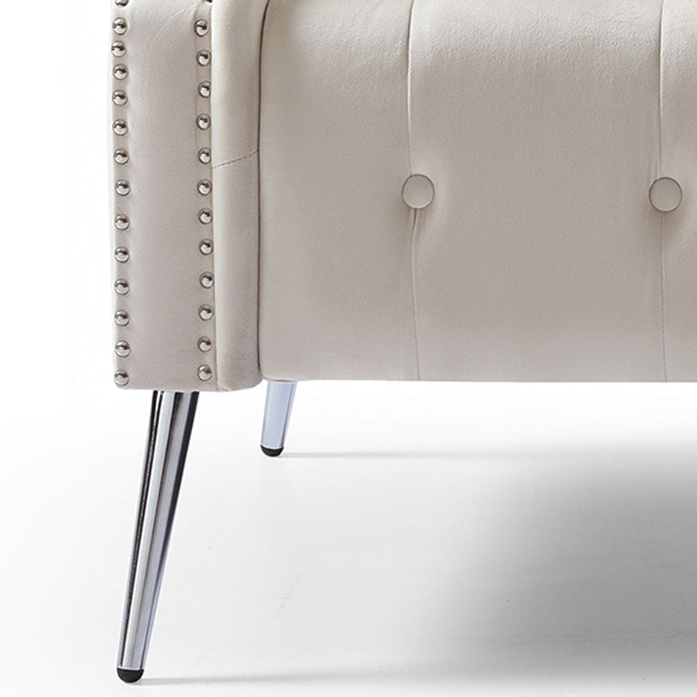 Beige Velvet Button Tufted Loveseat Sofa with Roll Armrest and Metal Legs O824