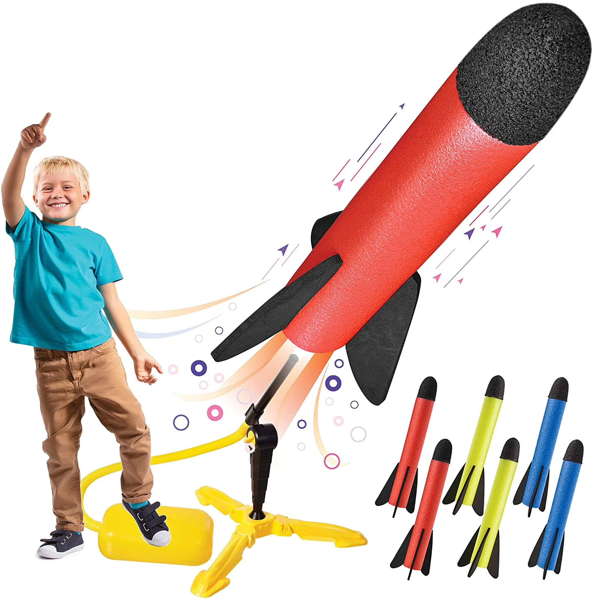 6 Colorful Foam Rockets Toy Rocket Launcher with Sturdy Launcher Stand K617