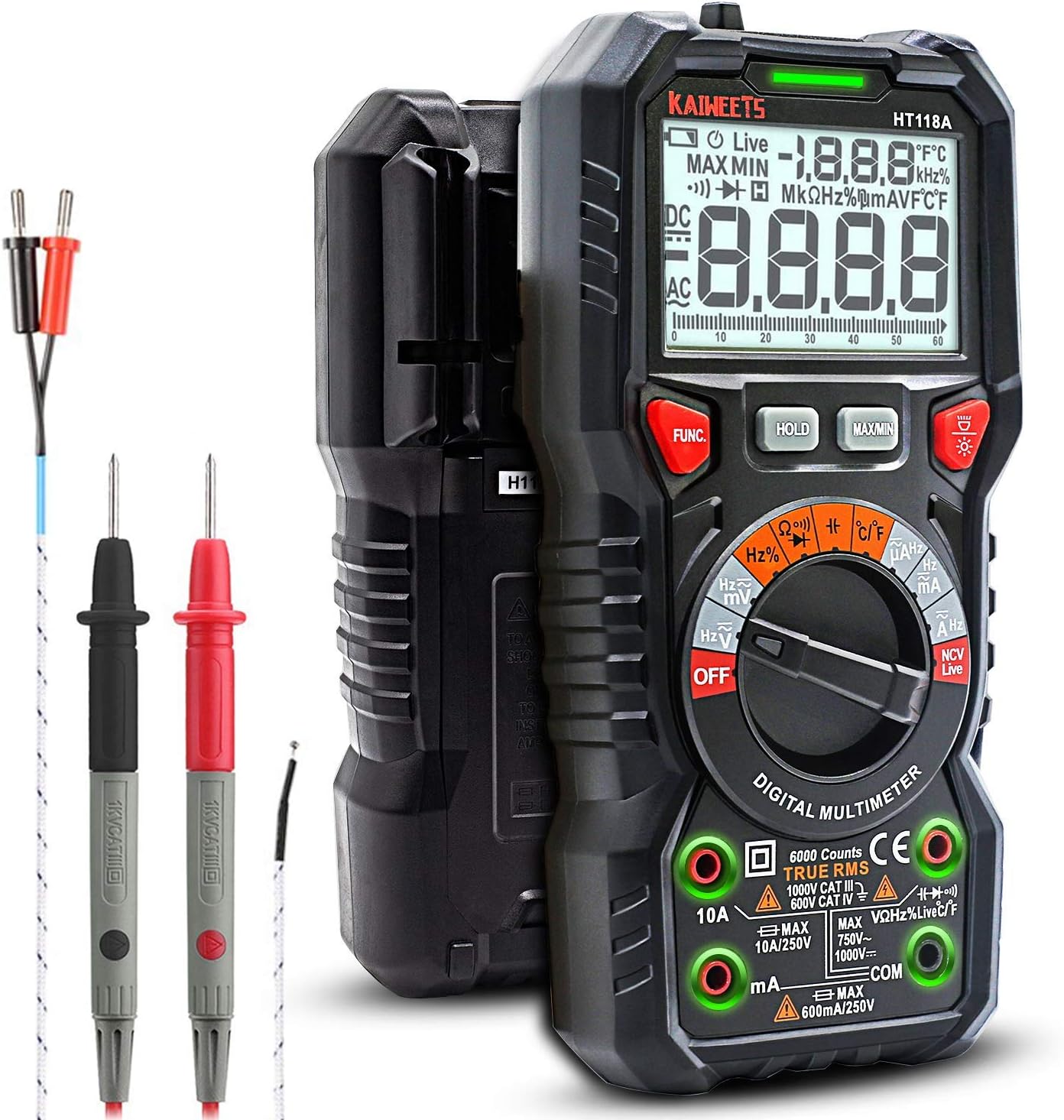 TRMS 6000 Counts Digital Multimeter with 5PCS Alligator Clips Electrical Test Leads Set, Measures Voltage Current Amp Resistance Diodes Continuity Duty-Cycle Capacitance, Pack of 2 R379319