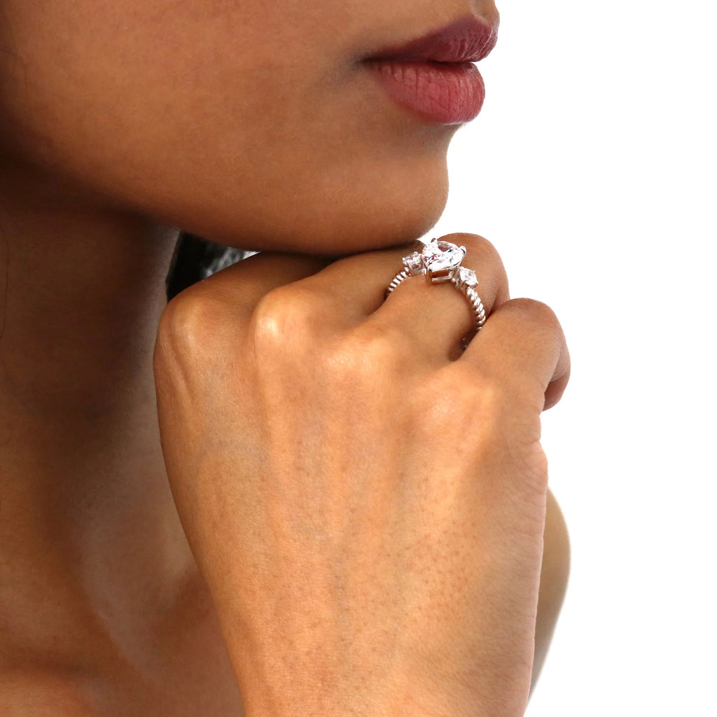 Sterling Silver Pear Cut Cubic Zirconia Woven Ring, Rhodium Plated Size 6 M6331