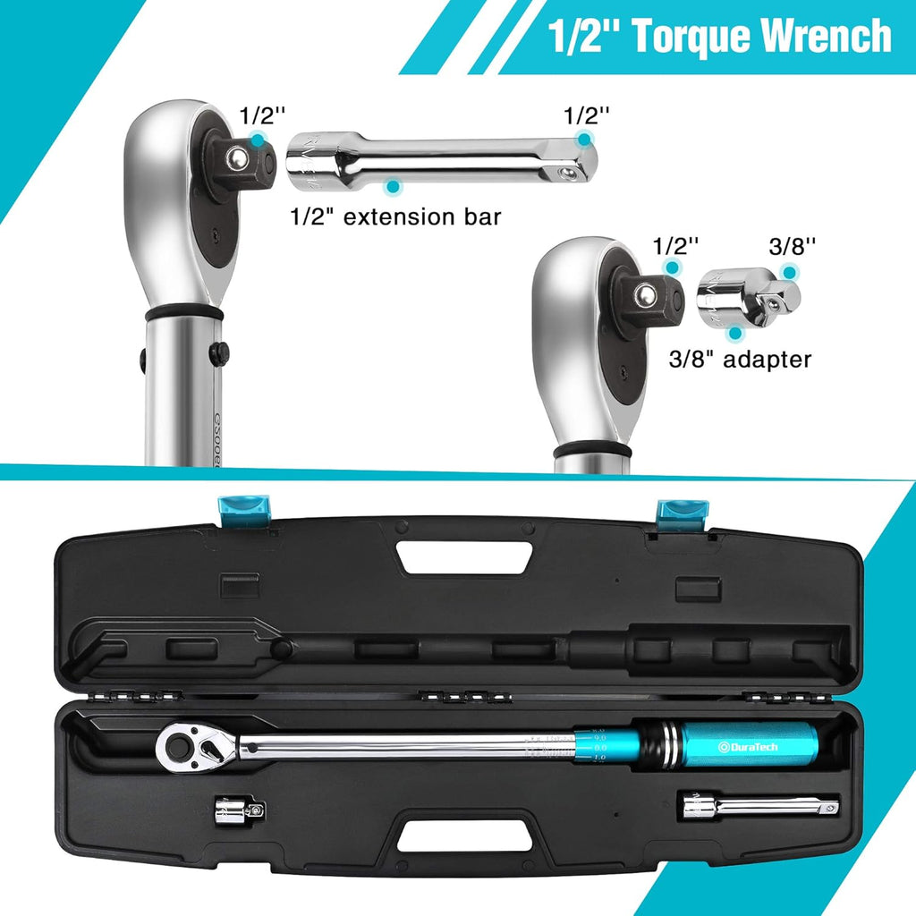 1/2-Inch Drive Click Torque Wrench, 30-160 Ft-lb, with Socket Adapter, Extensions Bar, Storage Case U25620