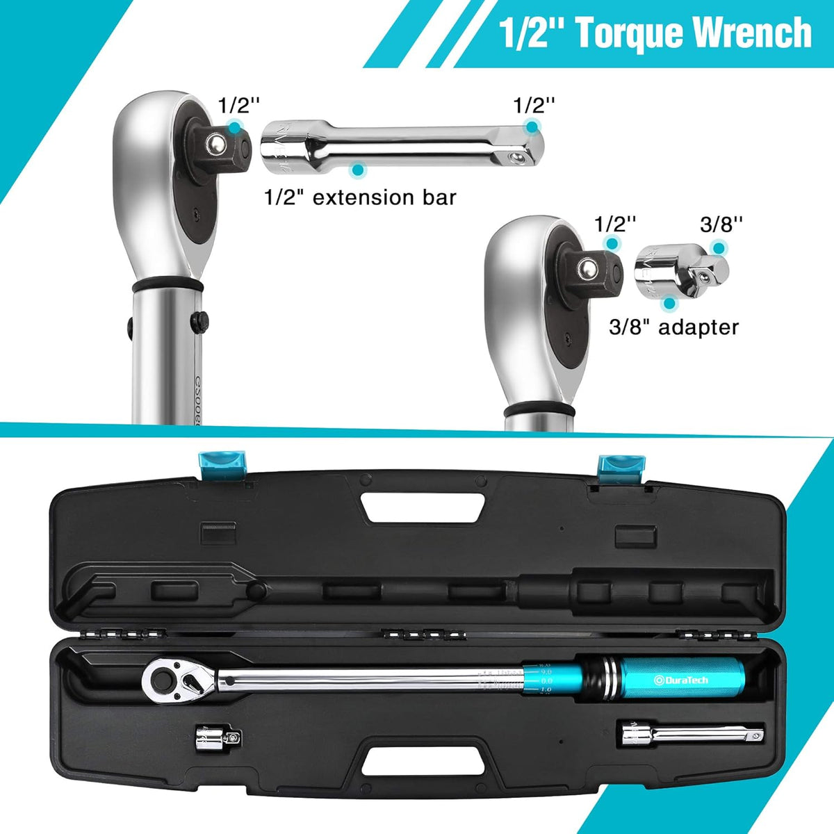 1/2-Inch Drive Click Torque Wrench, 30-160 Ft-lb, with Socket Adapter, Extensions Bar, Storage Case U25620