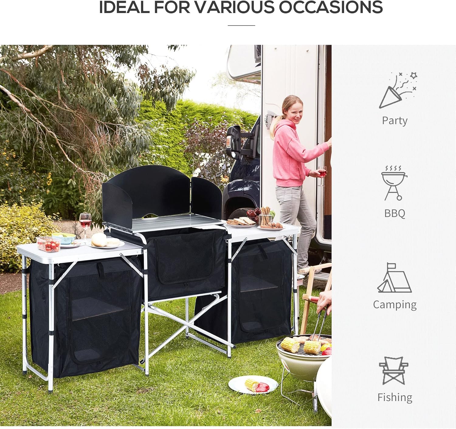 6' Aluminum Portable Camping Kitchen with Windscreen and 5 Cupboards S45095