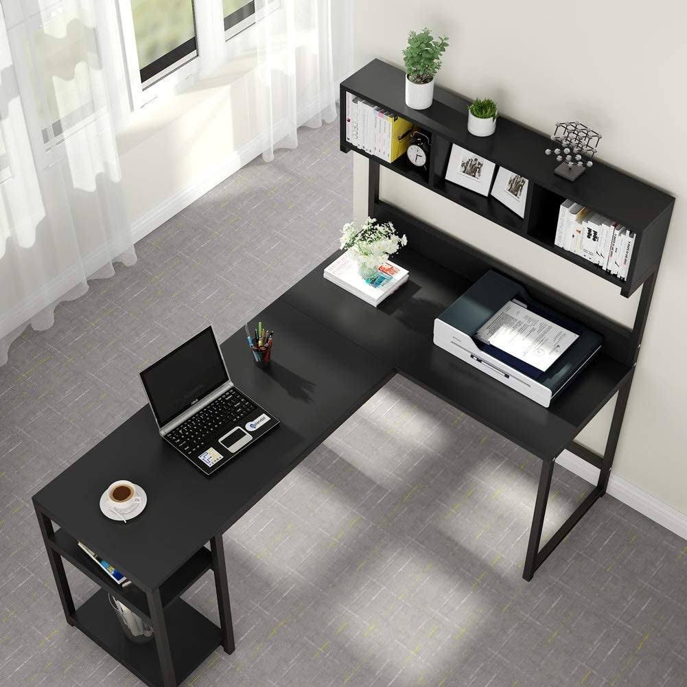 L Shaped Desk with Storage Hutch Shelf W1026