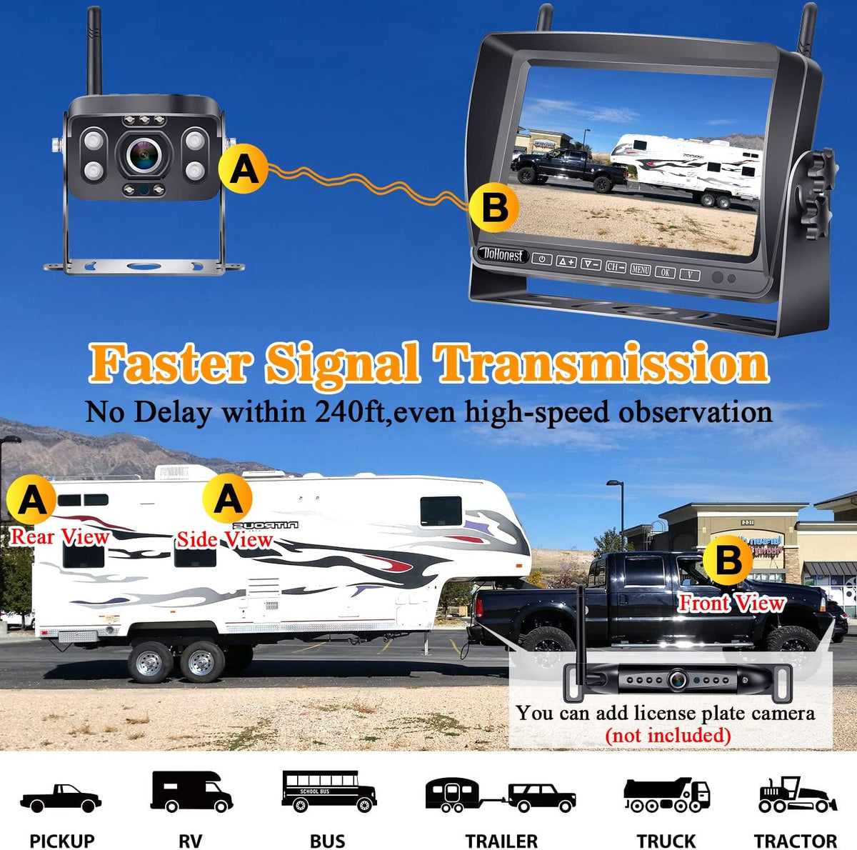 7" Touch Key DVR Monitor HD 1080P Bluetooth Backup Camera with IR Night Vision F632
