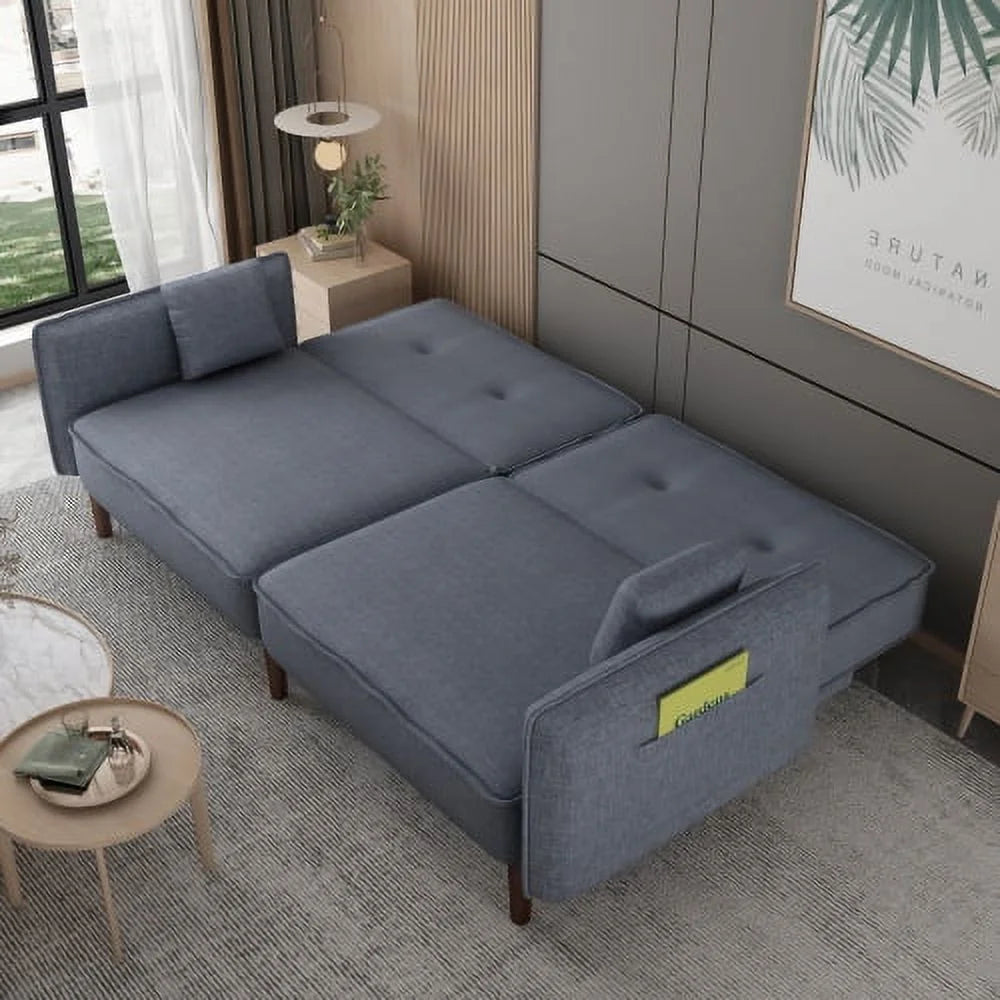 Grey Fabric Futon Sofa Bed with Solid Wood Leg P459