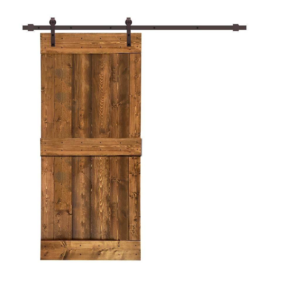 Distressed Mid-Bar Walnut Stained Solid Knotty Pine Wood Interior Sliding Barn Door with Hardware Kit M9965