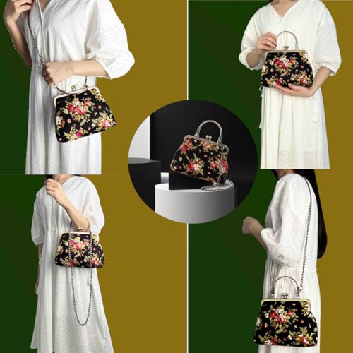 Floral Top-Handle Handbag, Kiss Lock Evening Bag O792716