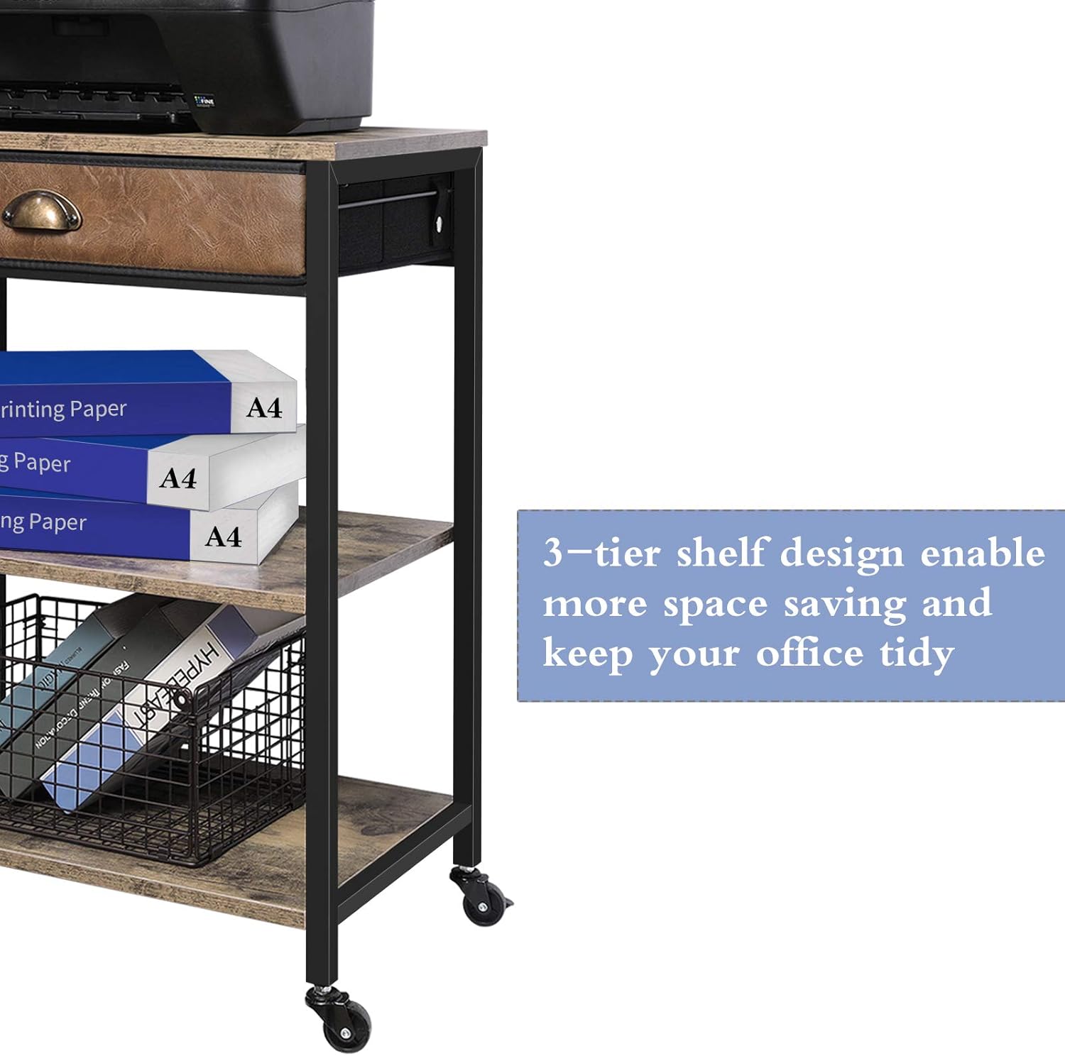 Rustic Brown 3 Tier Printer Cart with Drawer M765