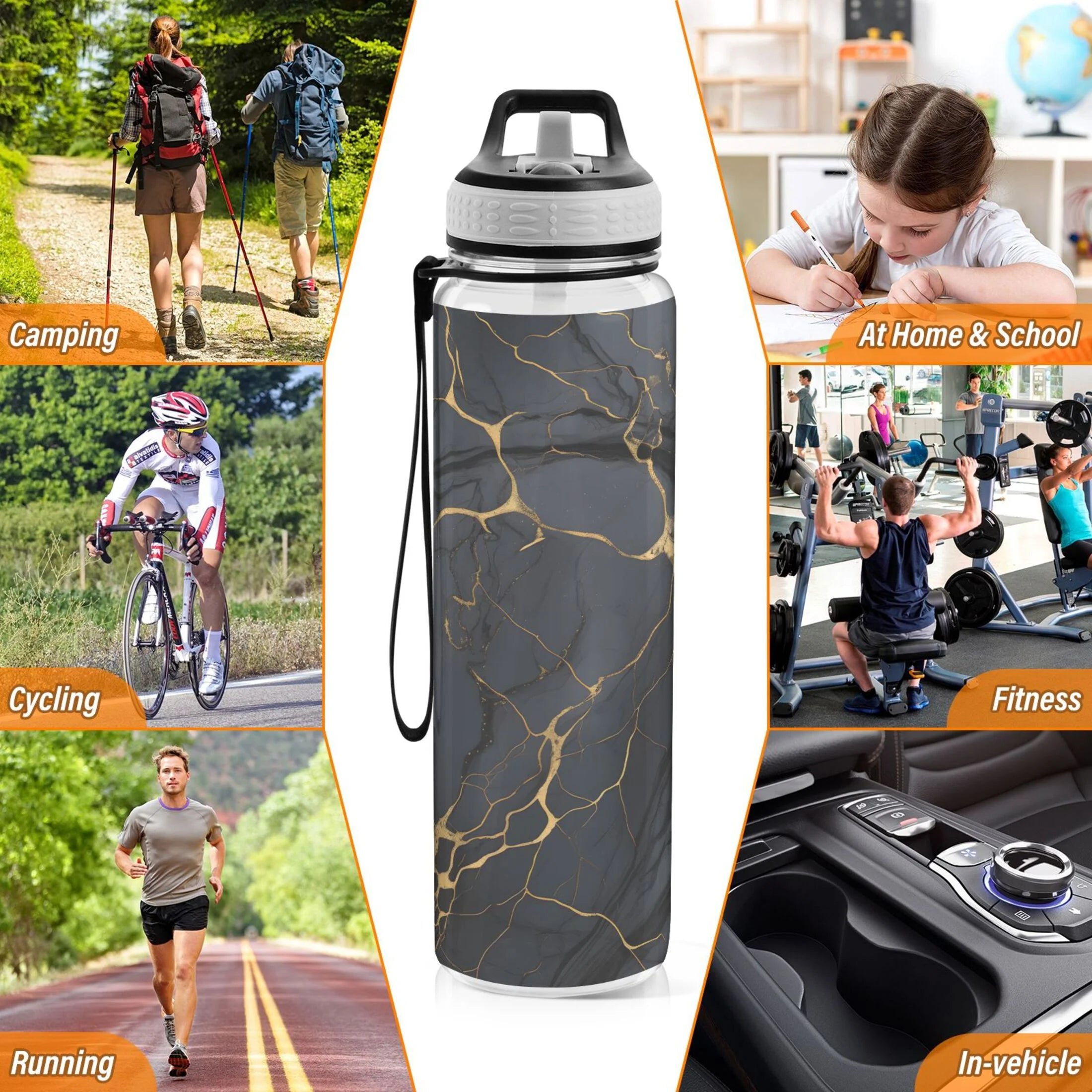 Black and Golden Marble 32oz Tritan Water Bottles with Straw C488422
