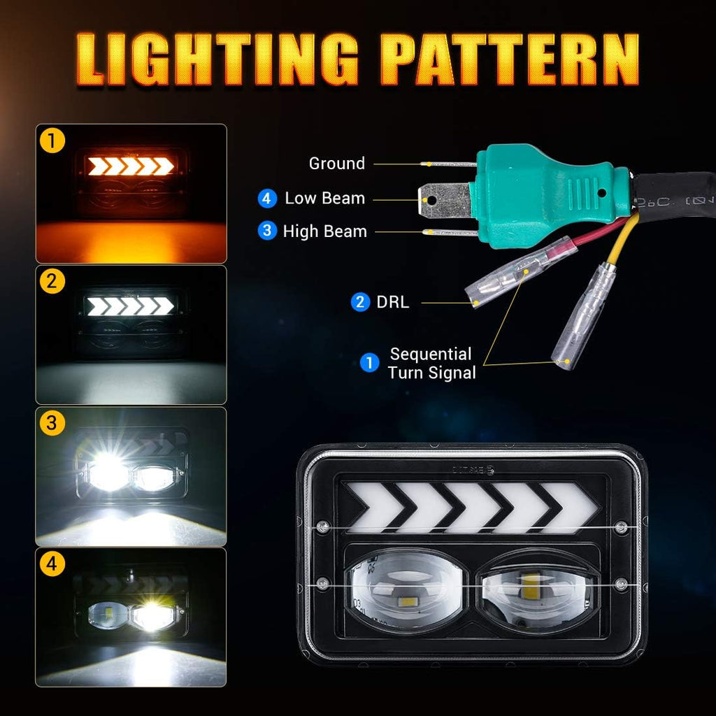 4pcs 4x6 inch LED Headlights Hi/Lo Beam Halo DRL Turn Signal Rectangular Replacement K83466